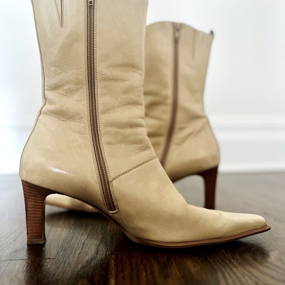 Paul Green Pointy Toe Leather Mid Calf Boots 3” Stiletto Heel 9
